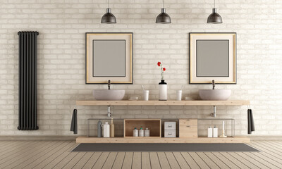 Modern bathroom with wooden furniture, double sink and black heater on brick wall - 3d rendering