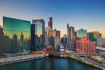 Fototapeta na wymiar Cityscape image of Chicago downtown at sunrise.