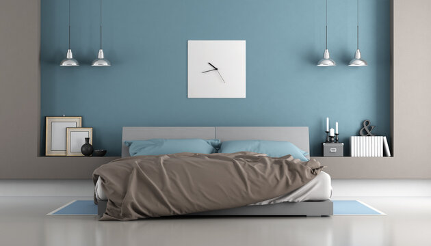 Blue and brown modern bedroom with double bed - 3d rendering