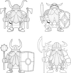Outlined Gnome Viking Warrior Cartoon Characters. Vector Hand Drawn Collection Set Isolated On White Background