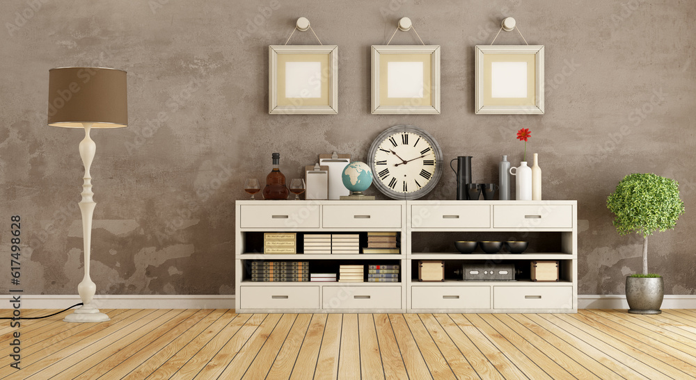 Poster retro room with white sideboard and vintage objects - 3d rendering