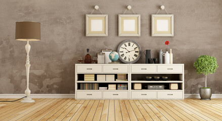 Retro room with white sideboard and vintage objects - 3d rendering