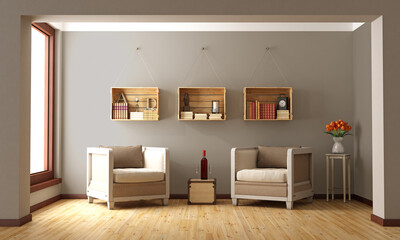 Living room with classic armchairs and wooden crates used as a bookcase - 3D Rendering © Designpics