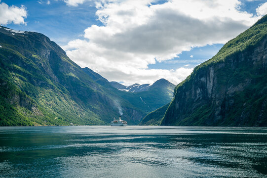 Scenic view of Geiranger fjord, popular Norway sea cruise point.