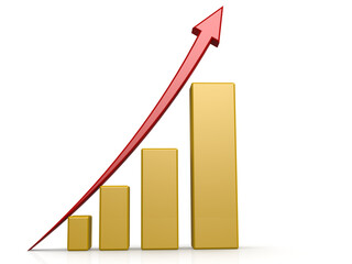 Upward graph with yellow bar on white, 3D rendering
