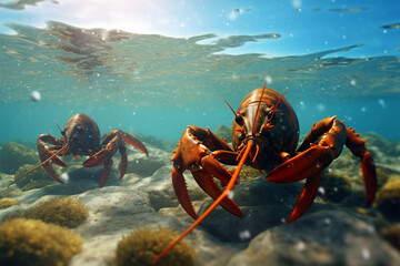 Lobster in the water. Lobster in the ocean.