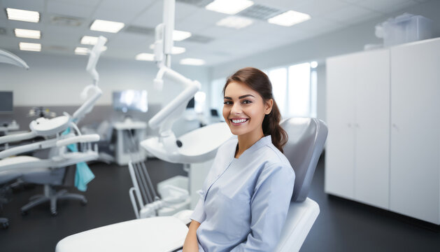 Female dentist with a beautiful smile in her bright clinic. Generative AI illustrations