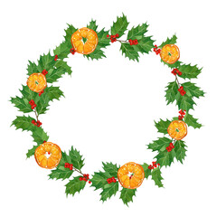 christmas watercolor traditional wreath with oranges,holly berries and leaves on white background.hand drawn illustration