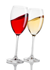 Glass of red and white wine in motion on white background