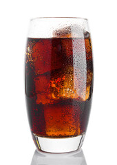 Glass of cold cola soda drink with ice cubes on white background