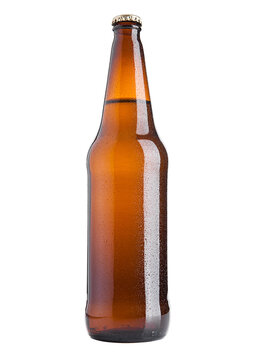 Brown beer bottle cold with frost on white background isolated