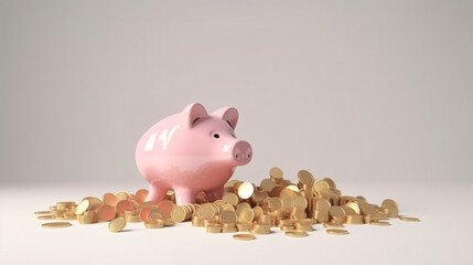 Golden coins putting to pink piggy save money on white background for deposit and financial saving growth concept by 3d render