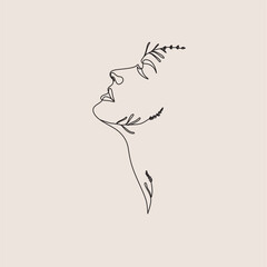 Woman Line Art Minimalist Logo. Nature Organic Cosmetics Makeup. Flower head Feminine Illustration line drawing. Woman face with flowers line