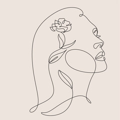 Woman Line Art Minimalist Logo. Nature Organic Cosmetics Makeup. Flower head Feminine Illustration line drawing. Woman face with flowers line