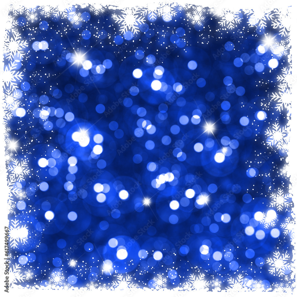 Poster christmas background of bokeh lights with snowflake border