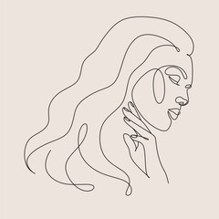 Woman Line Art Minimalist Logo. Nature Organic Cosmetics Makeup. Flower head Feminine Illustration line drawing. Woman face with flowers line