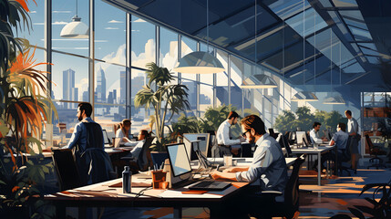 business office interior workplace people working and communicating flat design illustration generative AI.