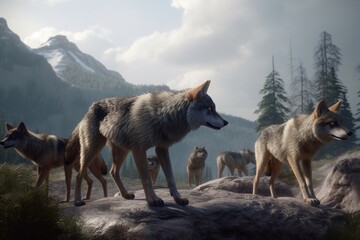 A detailed illustration of a group of animals, such as wolves or foxes, in a dramatic and powerful wilderness environment, Generative AI