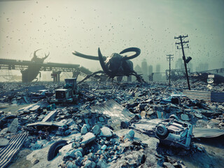 Ruined city by giant insects. Apocalyptic fantasy concept. 3D rendering