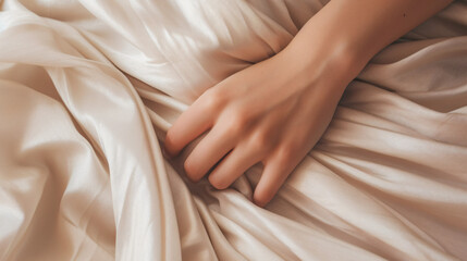 Close up woman hands grasping the blanket in the moment of pleasure. Ecstasy, Creator concept - 617500056