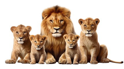 Lion family on transparent background. AI generative - obrazy, fototapety, plakaty