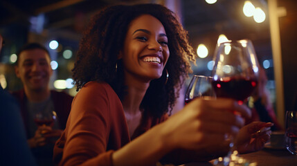 Happy african american woman drinking red wine at bar restaurant - Multiracial friends having fun celebrating at dinner time toasting drinks - Friendship - obrazy, fototapety, plakaty