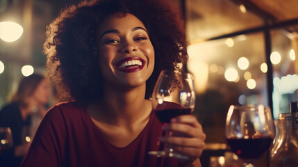 Happy african american woman drinking red wine at bar restaurant - Multiracial friends having fun celebrating at dinner time toasting drinks - Friendship - obrazy, fototapety, plakaty