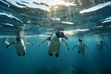 penguin in the water - obrazy, fototapety, plakaty