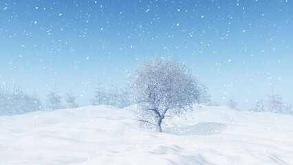 Fototapeta na wymiar 3D render of a winter landscape with snowy tree