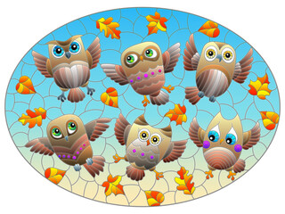 An illustration in the style of a stained glass window with bright cartoon owl on a background of blue sky and leaves, oval image