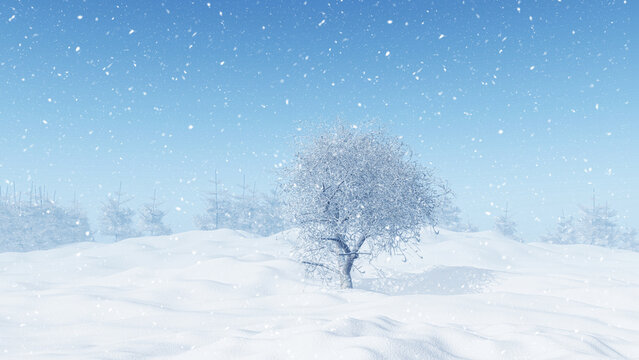 3D render of a winter landscape with snowy tree