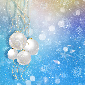 Christmas background of stars, bokeh lights and hanging baubles