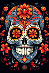 La Catrina dia de muertos Skull. Bemalter Schädel in orange und blau-grau. Tag der Toten in Mexico. Hochkant. Hochformat. Generative Ai.