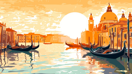 Vector illustration. View of the canals in Venice with buildings and churches on the riverbanks. Gondolas are floating in the water. Travel destination, city trip. Italy