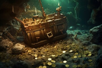 Lost Treasure in a Sunken Ship: Glittering treasure scattered among the ruins of a pirate ship on the ocean floor.  Generative AI