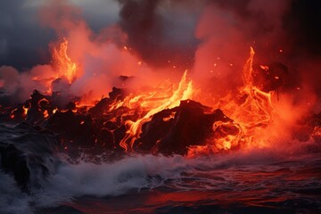 Lava Meeting Ocean: Molten lava flowing into the ocean, with steam and smoke rising where they meet. Generative AI