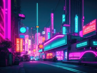 Photo futuristic neon city with billboard at stree
