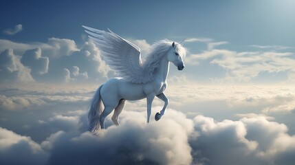 Naklejka na ściany i meble A white pegasus unicorn is perched on a cliff high above the clouds. Generative AI 