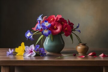 flower in glass vase on table 
flowers with many colours AI generated