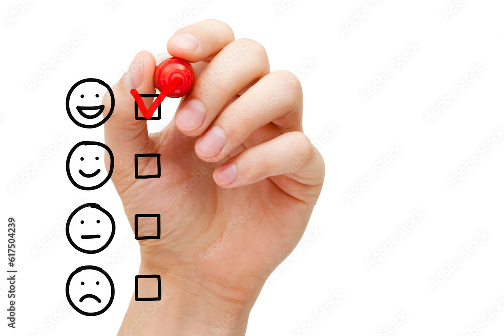 Poster hand putting red check mark on blank awesome survey checklist next to drawn happy face.