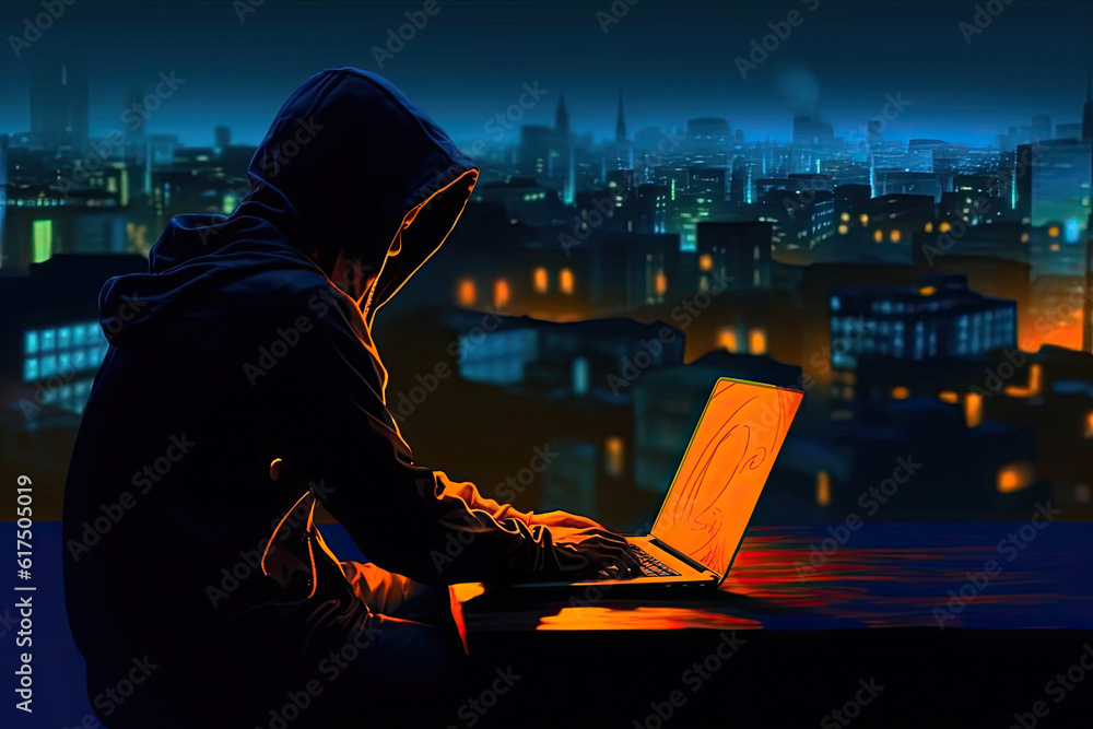 Poster cyber attack with unrecognizable hooded hacker.hacker steal money in the office.