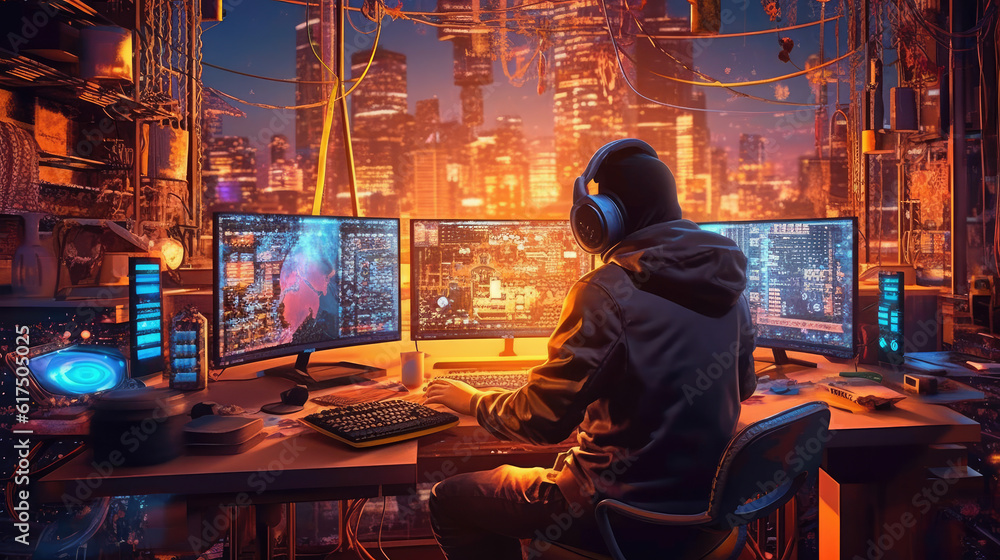 Poster cyber attack with unrecognizable hooded hacker.hacker steal money in the office.