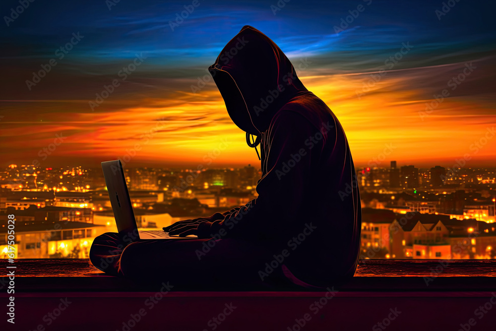 Poster cyber attack with unrecognizable hooded hacker.hacker steal money in the office.