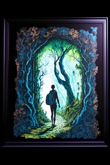 walking in to a magical picture frame enchanted Forrest coming environment complex wide view color pen and ink illustration realistic maximalist spectacular details 8K concept art cinematic 