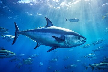 Fototapeta premium Tuna in the deep blue ocean. Underwater world. 3d rendering