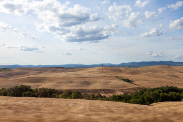 Fototapeta na wymiar Summer Tuscany landscape with wheat fields. Concept agriculture. Italy, Europe.