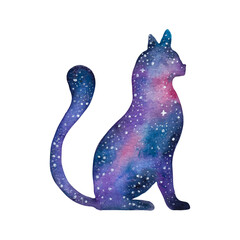 Galaxy cat, fantasy, space, shape. Perfect for kids room decoration, baby clothes.Watercolor illustration.Hand drawn isolated.