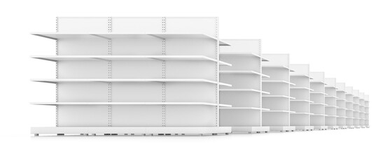 Clean white racks shelves for products showing, isolated background. 3D illustration