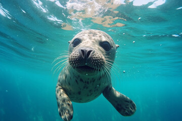 Funny sea lion swimming underwater in the ocean. Animal theme. - Powered by Adobe
