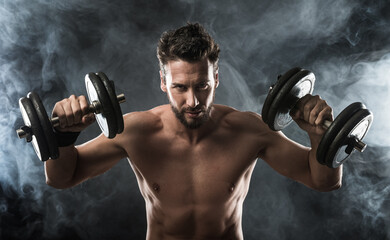 Attractive shirtless man exercising and lifting weights on dark background, strength concept